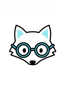 Minimalist vector illustration of a cute white fox head wearing blue round glasses.