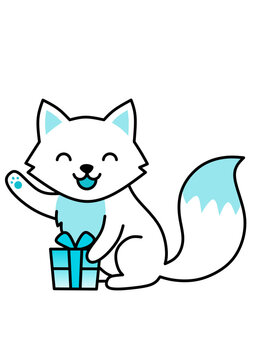Cute cartoon arctic fox character holding a blue gift box isolated on white background.