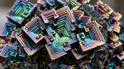 Obraz premium Iridescent bismuth crystal features intricate geometric step structures with vibrant rainbow metallic hues captured in sharp macro detail for scientific display