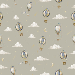 Airship and hot air balloon seamless watercolor pattern on beige background. Celestial repeat with aircrafts and clouds and stars for fabric, nursery wallpaper and wrapping paper. Baby backdrop. © Alisles
