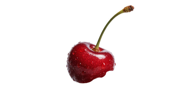 Single ripe red cherry with water droplets, isolated on transparent background