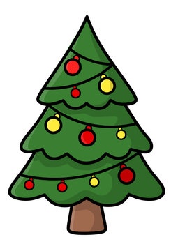 A colorful cartoon illustration of a decorated Christmas tree with red and yellow ornaments.