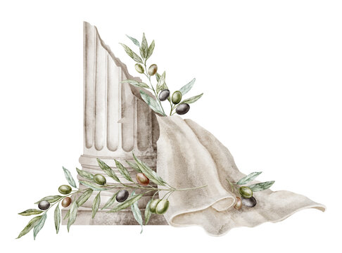 Broken Roman column base with olive branches and draped cloth watercolor illustration isolated on background. Classical Mediterranean architectural composition for greeting cards or invitations.