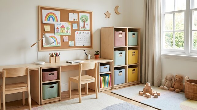 Modern wooden childrens desk with cork board and storage cubbies filled with colorful fabric bins in a bright playroom interior