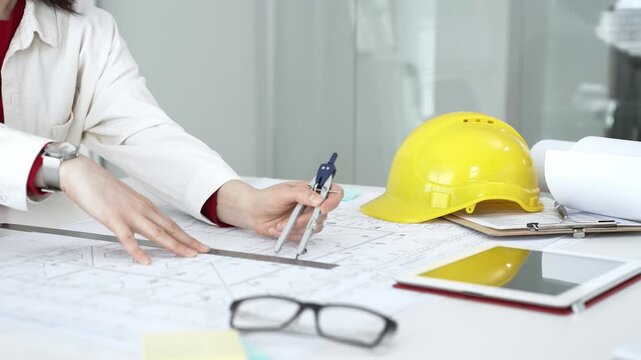 Female architect or engineer working on blueprints using a compass and ruler. Designing building plans. With a yellow hard hat and tablet on the desk