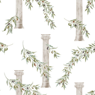 Olive branches and classical columns seamless pattern on isolated background. Watercolor botanical architectural repeat for wedding stationery, invitations, wrapping paper and Mediterranean decor.