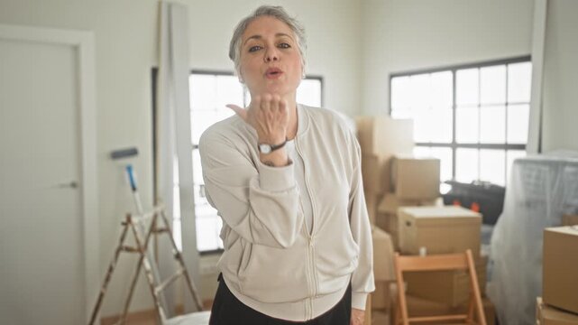 Middle age woman blowing a kiss with hand to lips amid stacked moving boxes, ladder and chair in a building as she gestures farewell to the room; joy new home.