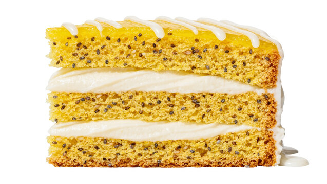Yellow chia seed cake slice with white frosting and glaze, isolated on transparent background