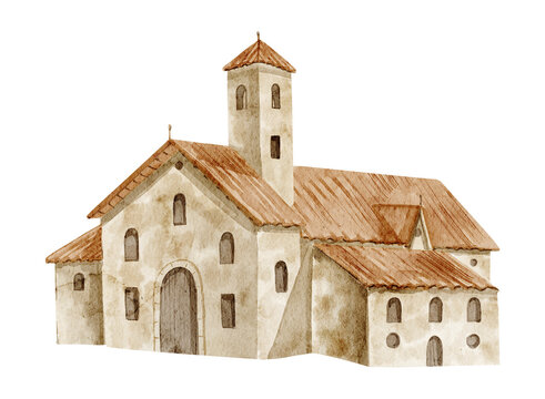 Mediterranean house watercolor illustration of a rustic stone building with terracotta roof isolated on background. Village architecture clipart for Italian, Tuscan and countryside designs.