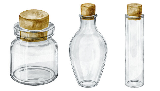 Glass Bottle watercolor set. Illustration of empty vintage jars isolated on background. Decorative containers for clipart, labels, packaging and craft designs. Art of retro flasks with corks.