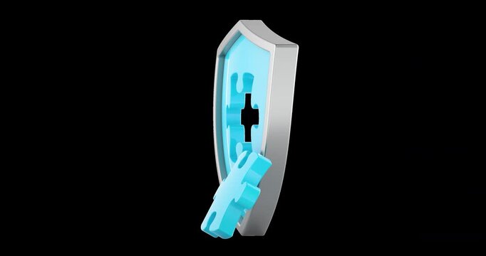 Cybersecurity shield puzzle rotation animation seamlessly loopable. 3D rendering isolated on transparent background