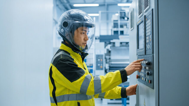 安全ヘルメットと反射作業着の工場技術者が制御盤を確認する近接操作の現場