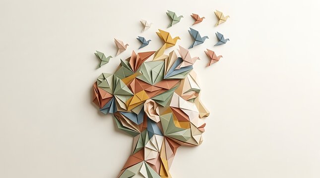 Surreal artistic portrait of a human head made of colorful paper fragments with birds flying away