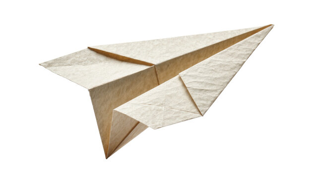 Handmade beige paper airplane folded from textured paper, isolated on transparent background