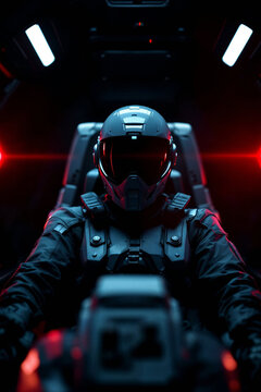 Futuristic soldier in a helmet and tactical suit lit by red light