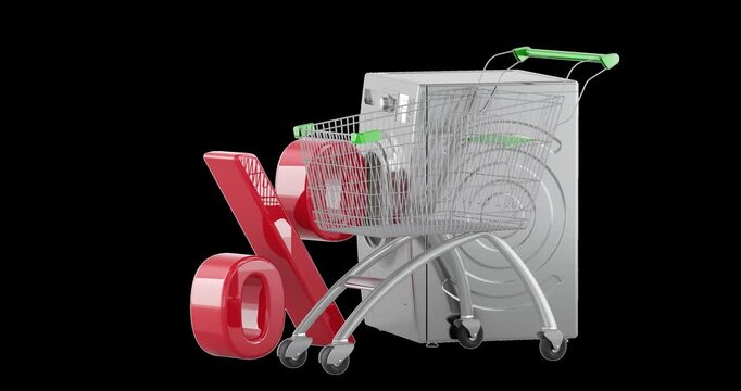 Washing machine, shopping cart and percent sign rotation animation seamlessly loopable. 3D rendering isolated on transparent background