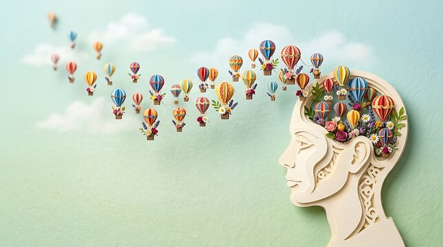 Conceptual illustration of a human head with colorful hot air balloons floating out representing creative imagination