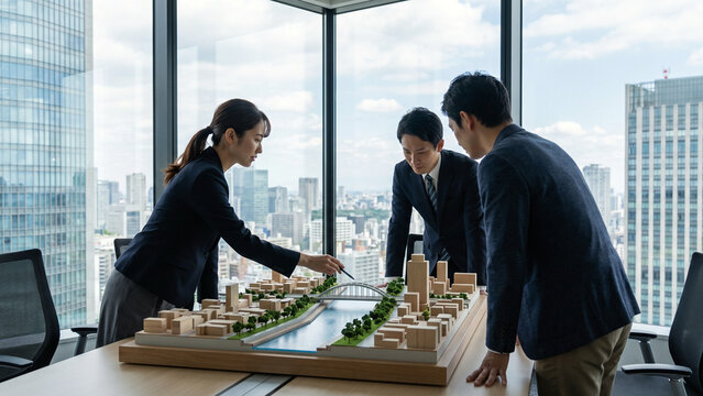 高層オフィスで都市模型を囲み河川と道路を確認する日本人都市計画チームの協議風景