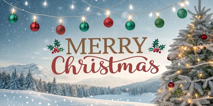 Merry Christmas greeting card with Santa reindeer and snowy winter landscape