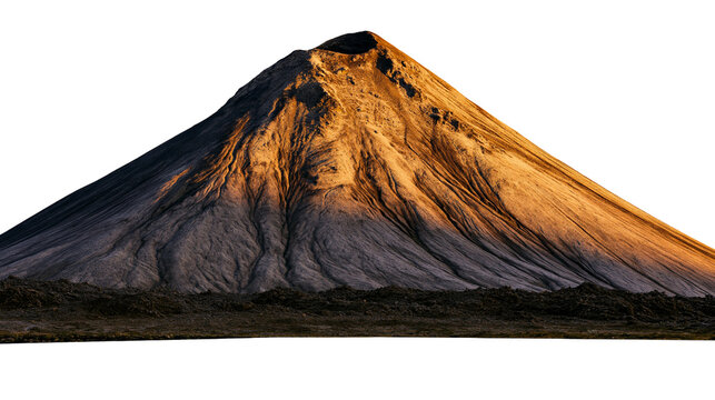 Volcanic cone with textured slopes and rocky base, isolated on transparent background