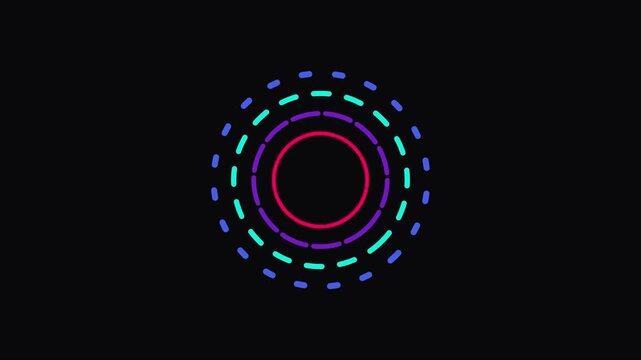 Neon circular loading animation with pulsing dashed rings on 4k black background, circle abstract