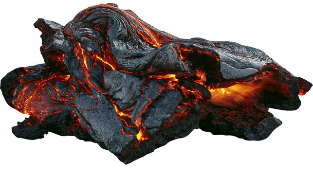 Molten lava rock formation with glowing orange cracks, isolated on transparent background