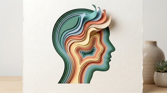Abstract layered paper cut art of a human head profile showing colorful topographic depth and creative imagination