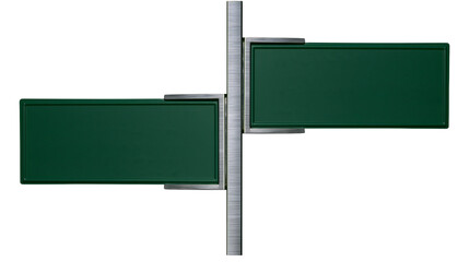 Two dark green rectangular street signs attached to a brushed metal pole, isolated on transparent background © PAPADOMUS