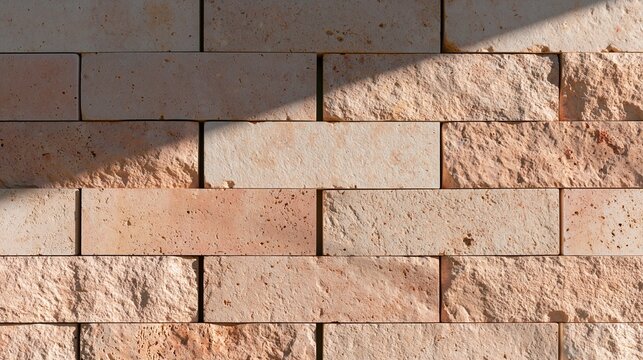 Close-up view of well-fitted volcanic tuff stones in pale rose and beige. Afternoon light highlights the textures and mineral details.