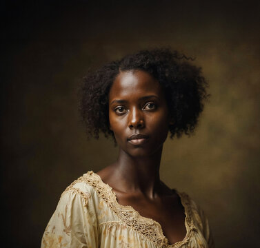 Portrait of an enslaved Black woman in 1800s style clothing against a dark background