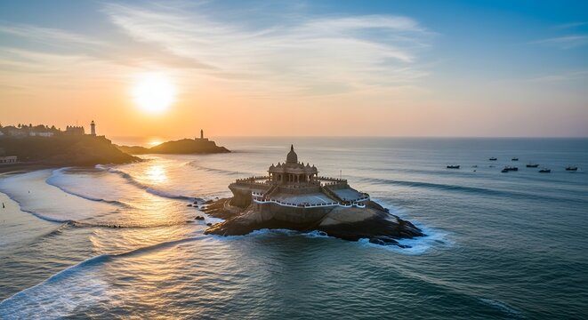 Vivekananda Rock Memorial in Kanyakumari surrounded by the Indian Ocean at sunset