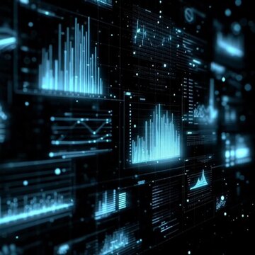Futuristic AI data dashboard hologram overlay with animated charts on black background
