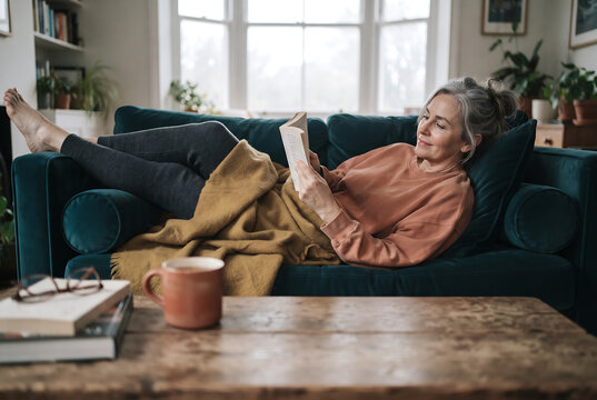 Mature woman relaxing on a sofa at home while reading a book, surrounded by soft furnishings and natural daylight.