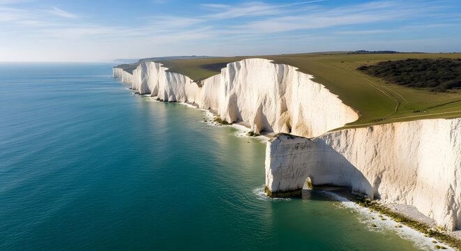 Aerial view of white chalk cliffs meeting the blue ocean in England