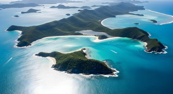 Aerial view of tropical islands surrounded by turquoise ocean water