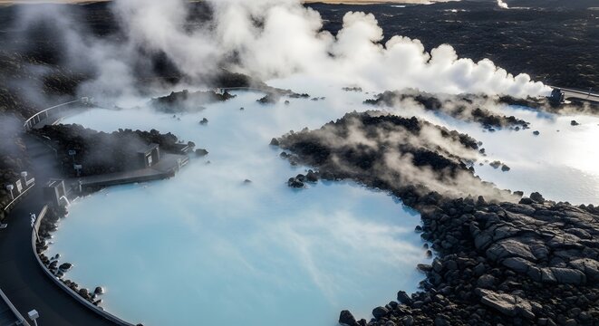 Aerial view of a geothermal blue lagoon spa surrounded by volcanic rocks