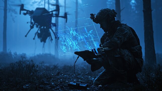 A soldier in tactical gear operates a drone while viewing a digital holographic map in the forest