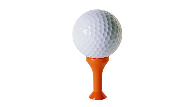 White dimpled golf ball resting on an orange plastic tee, isolated on transparent background