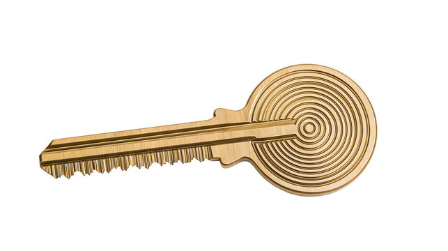 Golden metallic key with circular patterned head, isolated on transparent background