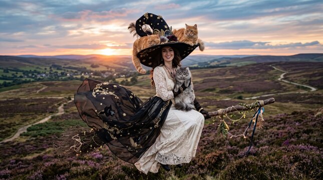 Elegant witch in a flowing couture dress flies over scenic moorland on a broom with three cats at sunset
