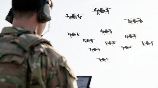 Military operator controlling a swarm of small reconnaissance drones in a clear bright sky setting