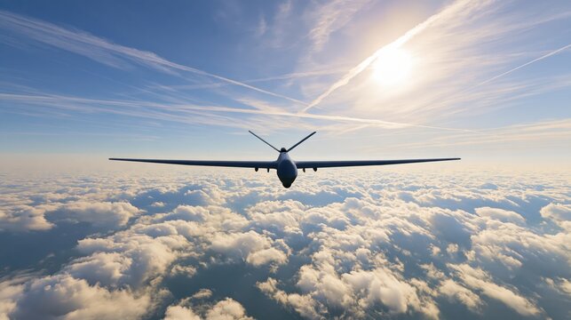 A sleek reconnaissance drone flying high above a thick layer of white clouds in the bright sky