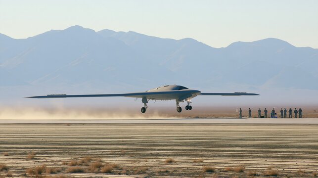 A large flying wing reconnaissance drone landing on a dusty desert runway during the daytime