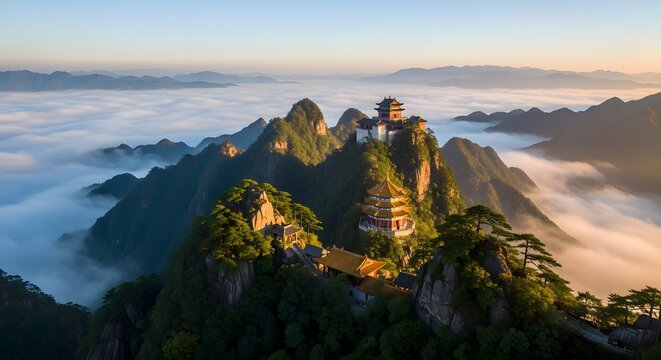 Traditional Chinese temple architecture on a mountain peak above sea of clouds