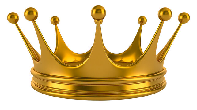 Shiny golden crown with pointed peaks and spherical ornaments, isolated on transparent background