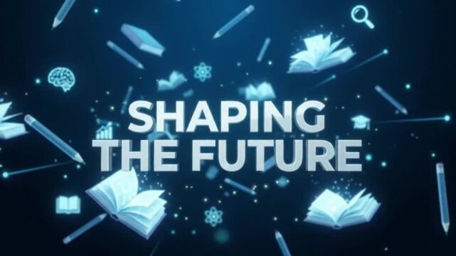 futuristic educational background with floating books, pencils, digital learning icons, and glowing particles; &ldquo;SHAPING THE FUTURE&rdquo; 