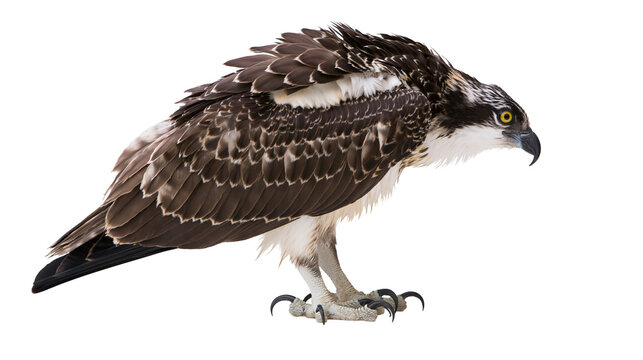 Brown and white osprey bird with sharp talons, isolated on transparent background