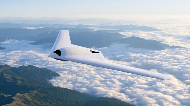 White delta-wing surveillance drone flying high above a mountain range covered in thick clouds