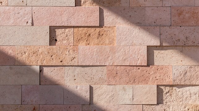 Close-up view of volcanic tuff masonry showing rectangular stones in light colors. Narrow beam of sunlight highlights the unique texture.