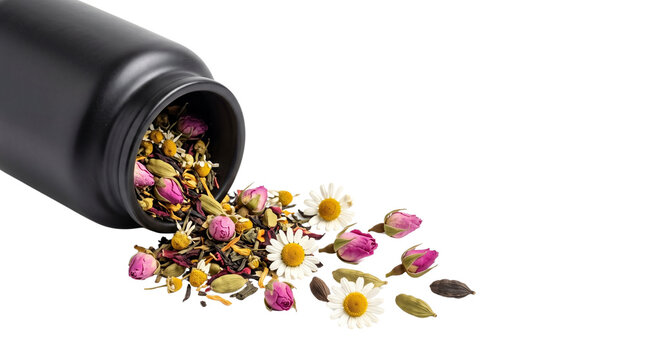 Loose leaf herbal tea blend with rosebuds and chamomile spilling from black jar 